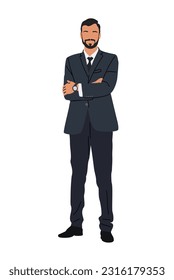 Businessman character standing with his arms crossed. Handsome bearded man wearing formal suit and tie. Vector realistic illustration isolated on white background