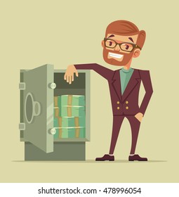 Businessman Character Standing Near Safe Full Of Money. Vector Flat Cartoon Illustration