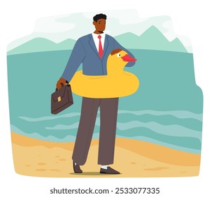 Personagem Empresário De Pé Em Uma Praia Com Uma Maleta E Um Flutuante De Pato De Borracha Enfatizando O Sonho De Férias, E Precisam Do Equilíbrio Entre Trabalho E Lazer. Ilustração de vetor de desenhos animados