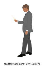 Businessman character standing and reading document. Handsome young man wearing formal suit full length, side view. Vector realistic illustration isolated on white background
