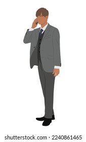 Businessman character standing and talking by phone. Handsome young man wearing formal suit full length, front view. Vector realistic illustration isolated on white background