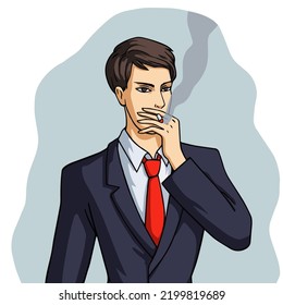 Businessman character stands and smoke. Vector illustration. Anime office worker in a suit under stress. Stressed smoking young man 