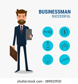 Businessman character with successful icons concept. Cartoon Vector Illustration.