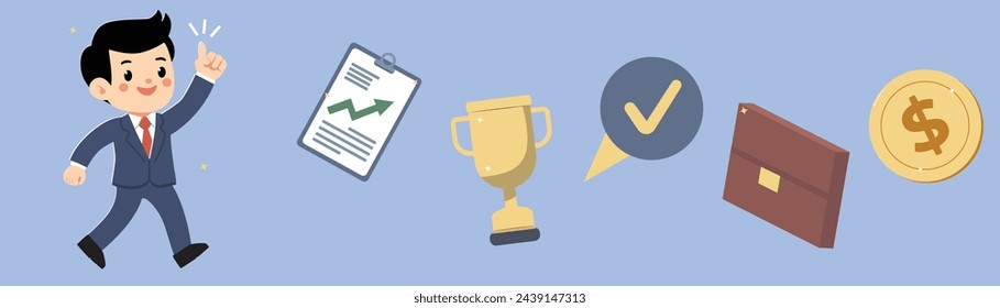 businessman character in suit, notes chart, briefcase, trophy, dollar coins vector