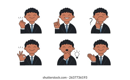 Businessman character in suit showing various gestures and emotions – thinking, idea, ok, applause, smile, and finger pointing – vector set