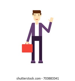 Businessman character with suitcase on isolated background. Flat design vector illustration.