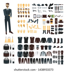 Businessman character with suits set. Body parts collection, stylish clothes, accessories, faces. Front and back views of heads, faces. Set of elegant man elements. Vector illustration.
