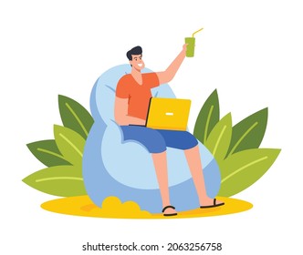 Businessman Character in Summer Wear Sitting on Beanbag Chair with Laptop and Cocktail on Exotic Tropical Beach Working Distantly. Freelancer or Distant Employee. Cartoon People Vector Illustration