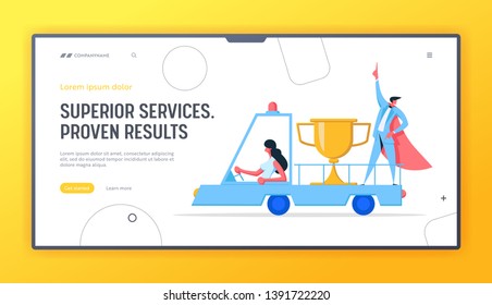 Businessman Character Super Hero with Golden Prize Landing Page Banner. Man Winner with Cup. Career Growth Leadership Concept, Business Achievement Website. Vector cartoon flat illustration