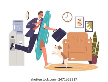 Businessman Character Teleporting From His Office To Home, Showing A Playful Scene With His Dog, Cartoon Illustration