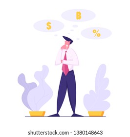 Businessman Character Thinking in Doubt. Thoughtful Man Making Decision about Financial Investment. Business Opportunity Concept. Vector flat cartoon illustration