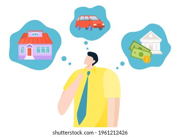 Businessman character thinking investing, buy passenger car or home, save money flat vector illustration, isolated on white.