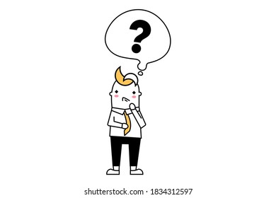 Pensamiento de personajes de negocios, signo de interrogación en burbujas de habla, ilustración vectorial para gráfico, plano con estilo de diseño de contorno mínimo