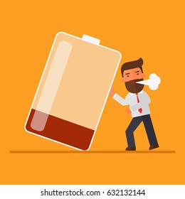Businessman character tired. Hard work. Low battery.