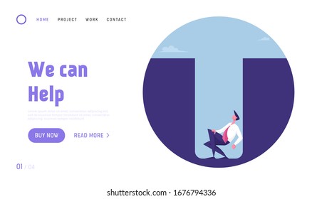 Businessman Character Trapped into Deep Hole Landing Page Template. Dangerous Project, Bank Debt, Bankruptcy Confusion, Failure and Depression. Business Man Sit in Pit. Cartoon Vector Illustration