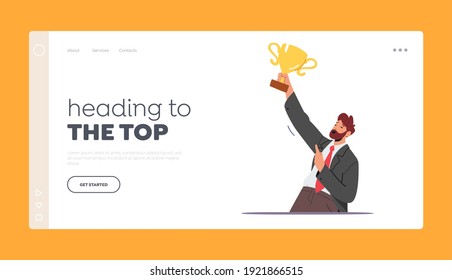 Geschäftsmann Charakter mit tropischer Landing Page Template. Erfolgreicher Geschäftsmann hält Golden Cup in der Hand feiert Erfolg, Aim Achievement Celebration Konzept. Cartoon-Vektorgrafik