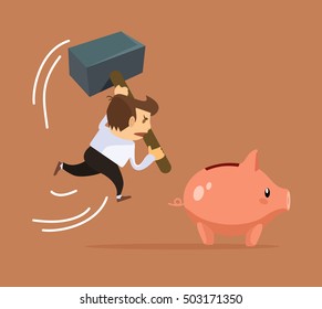 Businessman character trying smash piggy bank character. Financial crisis. Vector flat cartoon illustration