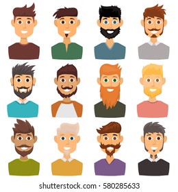 Businessman character of various expressions bearded man face avatar and fashion hipster hairstyle head person with mustache vector illustration.