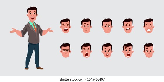 Businessman character with various facial emotions. Character sheet for your design, animation, motion or something else.