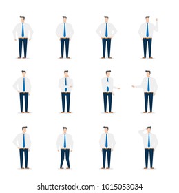 businessman character in various poses flat design style vector for use in presentations. Included the icons as thinking, hand shake, support the chin, hand up, confuse, thinking and more.