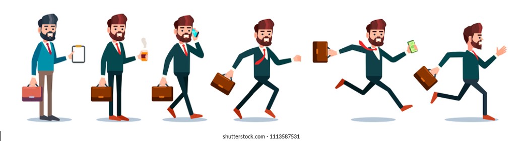 Businessman character in various poses. Standing, walking and running positions. Flat desing vector illustration in a cartoon style.