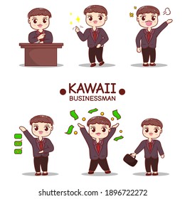 businessman character in various poses, table poses, angry, happy, using suitcases and checking lists