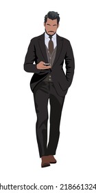 Businessman character vector art realistic illustration. Handsome man with beard wearing formal suit standing or walking, using phone, front view. 