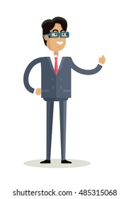 Businessman character vector. Cartoon in flat style design. Smiling man in  suite and glasses standing with raised hand. Illustration for business concepts, infographics. Isolated on white background.
