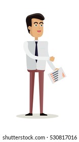 Businessman character vector. Cartoon in flat design. Smiling man in shirt and tie with statistic documents. Broker, office worker, financier, statistician, employee. Isolated on white background.