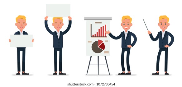 businessman character vector design. Presentation in various action with emotions, standing, walking and working.