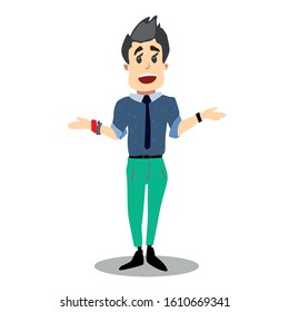 Businessman character vector flat. A happy guy is standing and smiling. Young man with open arms.