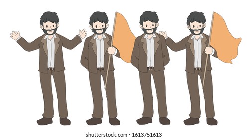 businessman character vector 
happy cartoon set design. illustration young person hold red flag and show hand in half blue suit on white background in pencil line art concept with kid drawing idea.