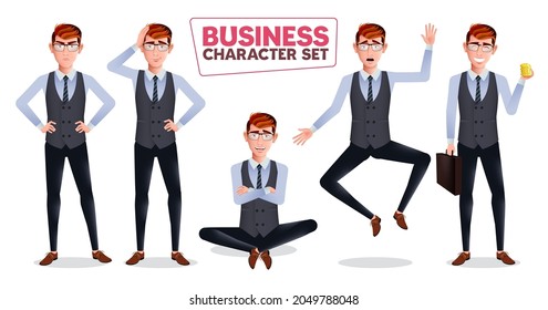 Businessman character vector set. Business male boss characters with angry, shocked and happy expressions in sunglasses for manager employee collection design. Vector illustration.
