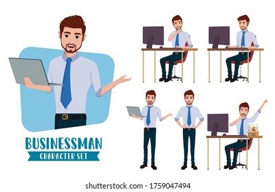 Businessman character vector set. Businessman characters in standing and sitting pose, presenting and making gestures for office demo corporate sales presentation isolated in white background.