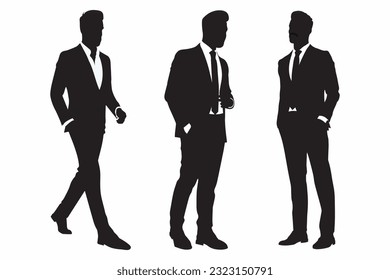 Businessman character vector silhouettes. Smart businessman silhouette set isolated on white background. walking and standing poses.