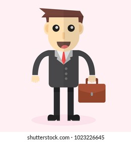 Businessman character vector.Cheerful smiling businessman character with handbag.Businessman character isolated on red background.