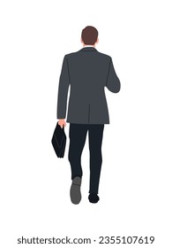 Businessman character walking back view with briefcase. Handsome man wearing formal suit rear view. Vector realistic illustration isolated on white background