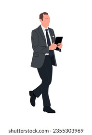 Businessman character walking with digital tablet. Handsome man wearing formal suit. Vector realistic illustration isolated on white background
