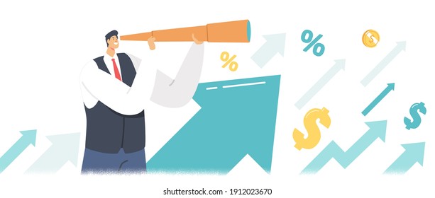 Businessman Character Watching to Spyglass on Growing Arrows, Searching Successful Financial Ideas. Business Man Vision Forecast Prediction, Future Planning Strategy. Cartoon Vector Illustration