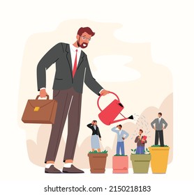 Businessman Character Watering Talented Managers Staff in Flower Pots. Hr, Talent Development, Career Growth, Training, Employee Improvement Business Concept. Cartoon People Vector Illustration