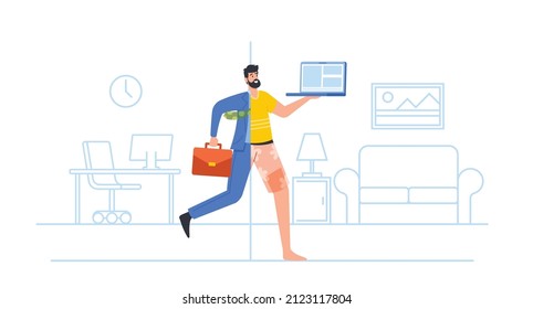 Businessman Character Wear Hybrid Clothes Half Formal Suit and Domestic Dressing Run with Laptop in Hands, Man Work at Home Office for Best Productivity and Result. Cartoon People Vector Illustration
