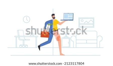 Businessman Character Wear Hybrid Clothes Half Formal Suit and Domestic Dressing Run with Laptop in Hands, Man Work at Home Office for Best Productivity and Result. Cartoon People Vector Illustration