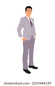 Businessman character wearing formal suit, tie and glasses standing with arms in his pockets front view. Asian business man. Vector realistic illustration isolated on white background