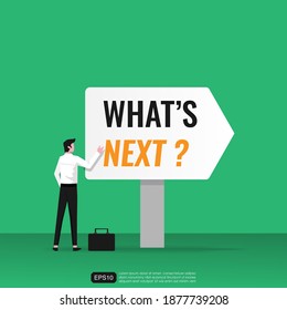 Businessman character with what's next? text on billboard concept. Strategy and vision in business vector illustration