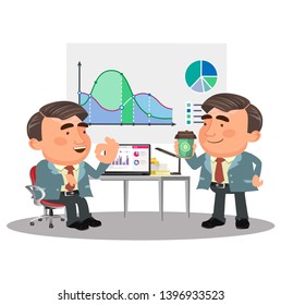 Businessman character working on a laptop computer and a chart hangs on a wall beside him