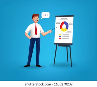 Businessman characters near the flipchart. 3d stylized. Vector illustration