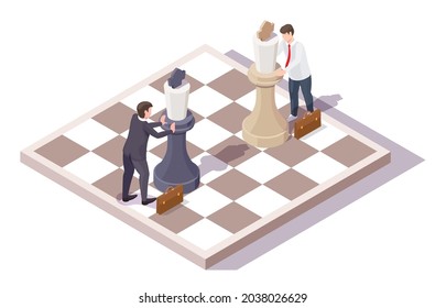 Businessman characters playing chess board game, flat vector isometric illustration. Business competition, war, competitive fight in business concept.