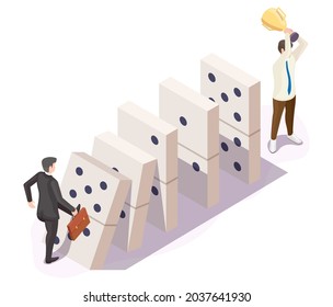 Businessman characters pushing domino tiles, holding trophy cup, flat vector isometric illustration. Office war, business competition, domino effect concept.