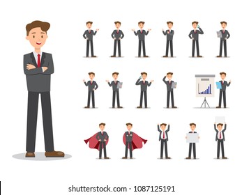 Businessman characters set. Can be used promote your business for advertising. Male Success, banner, present, communicate concept. Vector illustration.