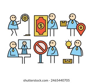 businessman characters stick figure in various poses vector illustration